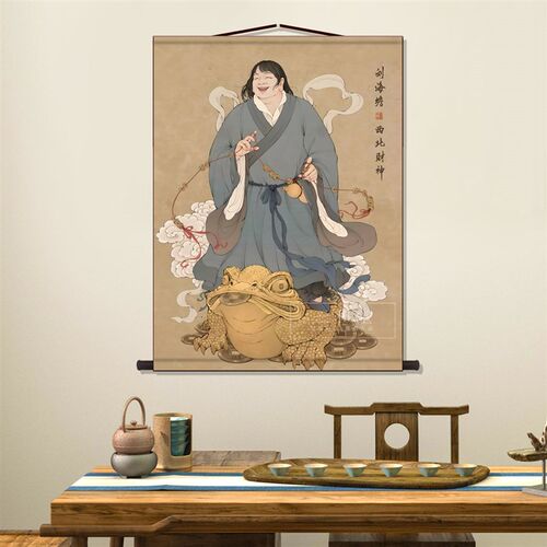 西北财神刘海蟾画像客厅卷轴挂画中式装饰画丝绸布墙壁画国画挂轴
