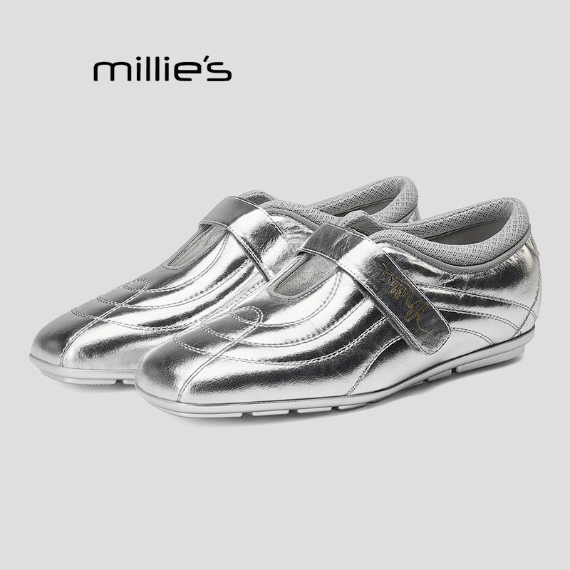 MILLIE'S/妙丽银色玛丽珍鞋女春季平底休闲百搭魔术贴轻便单鞋Q,女鞋,乐福鞋（豆豆鞋）,淘宝优惠券,粉丝福利购,淘宝优惠卷