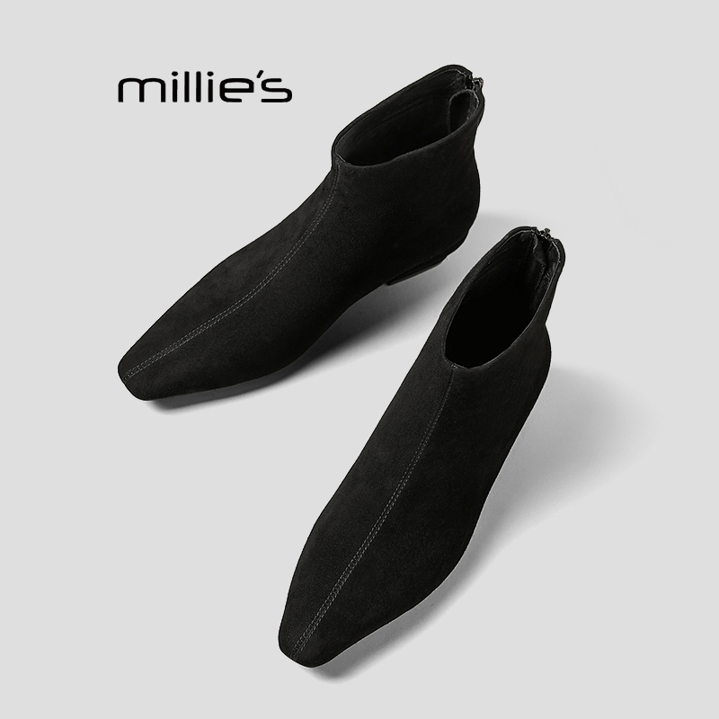 妙丽法式粗跟方头短靴巨好看