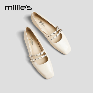 妙丽官方旗舰店女鞋酒红色平底玛丽珍鞋法式浅口单鞋2026夏季大码