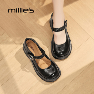 MILLIE'S/妙丽真皮厚底玛丽珍鞋一字带扣松糕底增高单鞋黑色漆皮Q