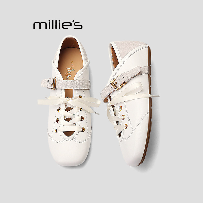 MILLIE'S/妙丽春夏新款真皮复古德训鞋女款系带休闲百搭深口单鞋Q