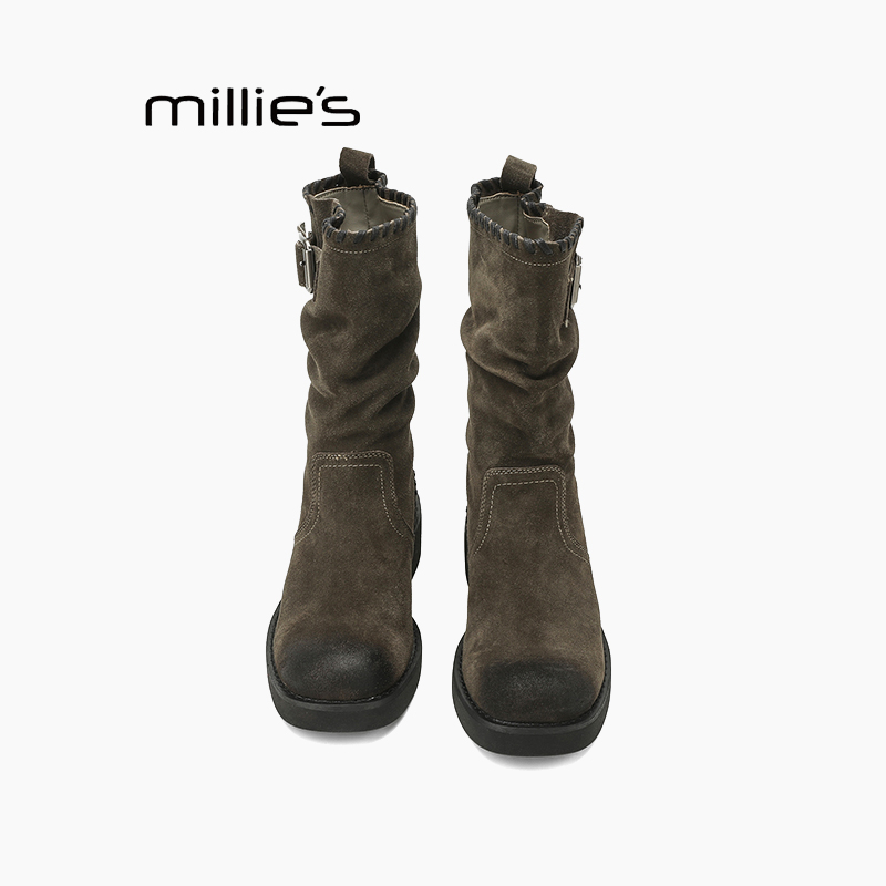 妙丽真皮褶皱中筒靴巨好看