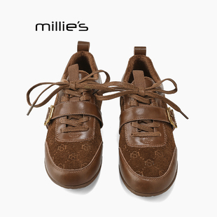 软底系带休闲运动小皮鞋 MILLIE 女秋季 妙丽复古风皮带扣德训鞋