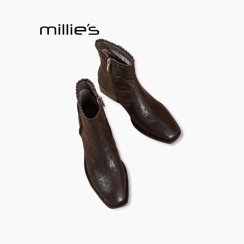 MILLIE'S/妙丽2026英伦风秋冬轻便方头粗跟短靴女色百搭瘦瘦靴