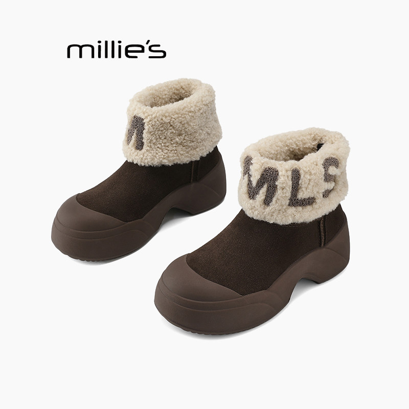 MILLIE'S/妙丽厚底雪地靴女冬季加绒保暖短靴驼色字母装饰弹力靴Z,女鞋,弹力靴/袜靴,淘宝优惠券,粉丝福利购,淘宝优惠卷