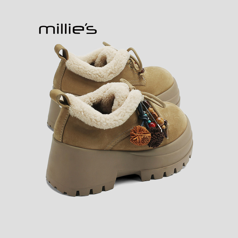 MILLIE'S/妙丽新款复古磨砂皮圆头厚底加绒保暖乐福鞋百搭棉鞋女Q