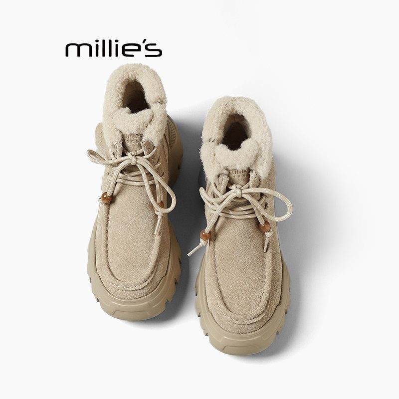 MILLIE'S/妙丽杏色毛绒切尔西短靴女秋冬防水台厚底增高系带靴子Z