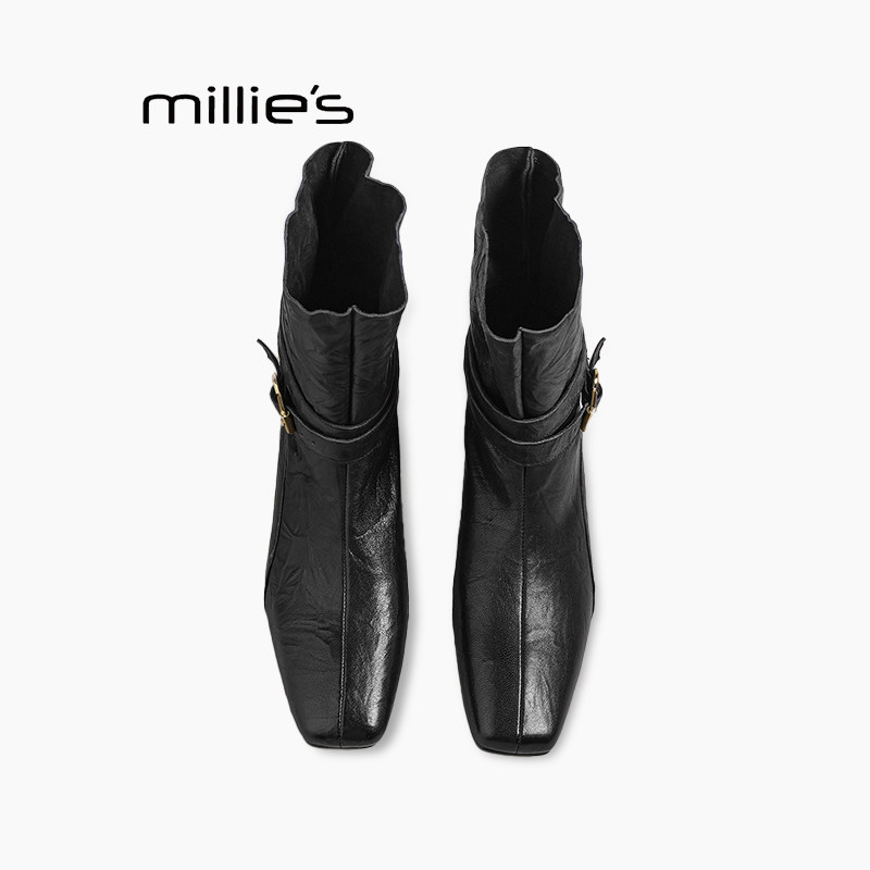 MILLIE'S/妙丽美拉德复古低跟短筒靴后拉链瘦瘦靴风皮带扣马丁靴P