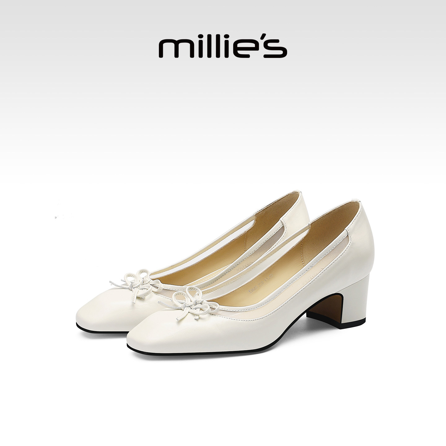 MILLIE'S/妙丽春季法式蝴蝶结粗跟单鞋女米白色通勤优雅风不累脚Q,女鞋,时尚芭蕾鞋,淘宝优惠券,粉丝福利购,淘宝优惠卷