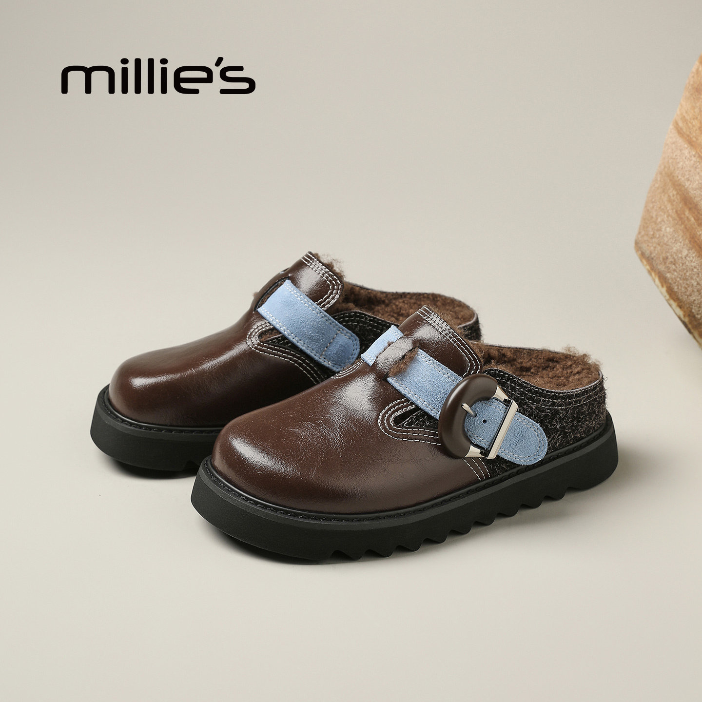 MILLIE'S/妙丽厚底勃肯鞋女冬季加绒保暖防滑魔术贴毛毛鞋外穿Z