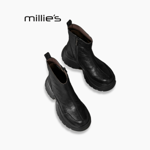 MILLIE 妙丽小个子高跟头层牛皮短靴女松糕厚底内增高马丁靴女Q
