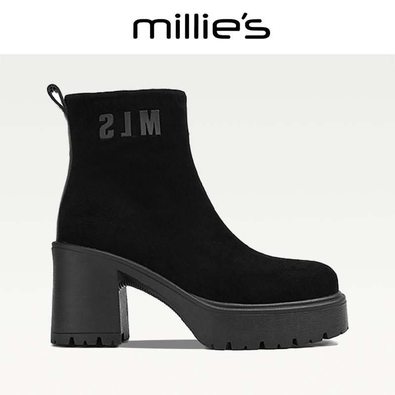 MILLIE'S/妙丽2026新款超高跟靴子女冬季加绒短靴小个子马丁靴CZ