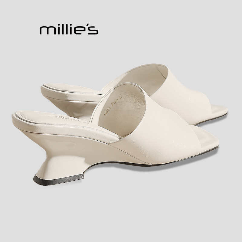 MILLIE'S/妙丽夏季新款巨好看坡跟露趾一字拖鞋外穿中跟凉拖鞋女P