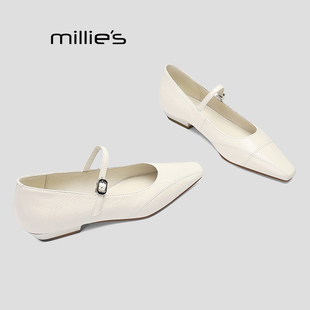 MILLIE'S/妙丽单鞋女春季新款方头黑色米白色玛丽珍鞋高跟鞋子女Q
