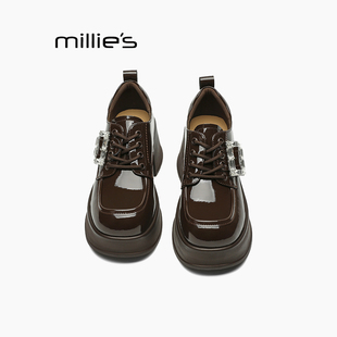 新款 妙丽2025秋季 厚底漆皮乐福鞋 增高跟鞋 MILLIE 舒适女小皮鞋