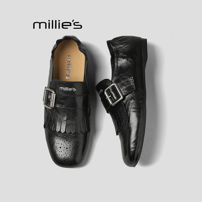 MILLIE'S/妙丽真皮雕花平底皮带扣豆豆鞋女韩复古流苏一脚蹬底鞋Q,女鞋,乐福鞋（豆豆鞋）,淘宝优惠券,粉丝福利购,淘宝优惠卷