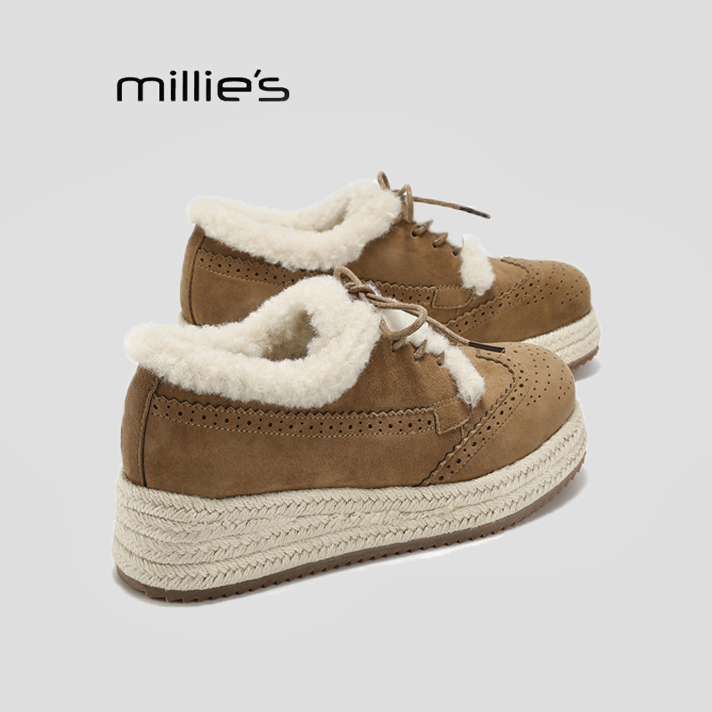 MILLIE'S/妙丽2025秋冬新款时尚简约复古圆头松糕底系带休闲鞋HQ