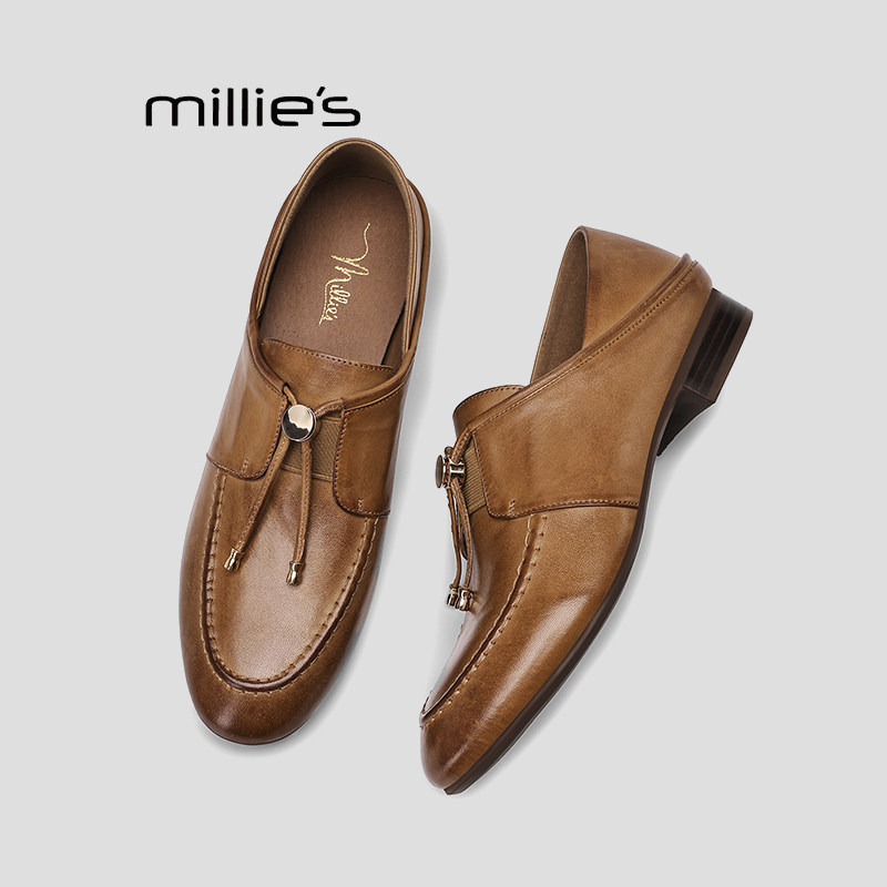 MILLIE'S/妙丽秋冬新款英伦风系带深口单鞋女真皮平底软底小皮鞋P