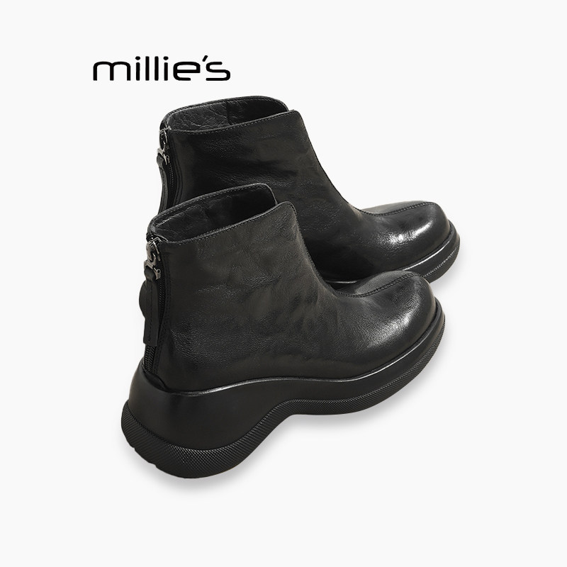 MILLIE'S/妙丽真皮厚底松糕鞋子初秋短靴女2026新款春秋时尚单靴Z