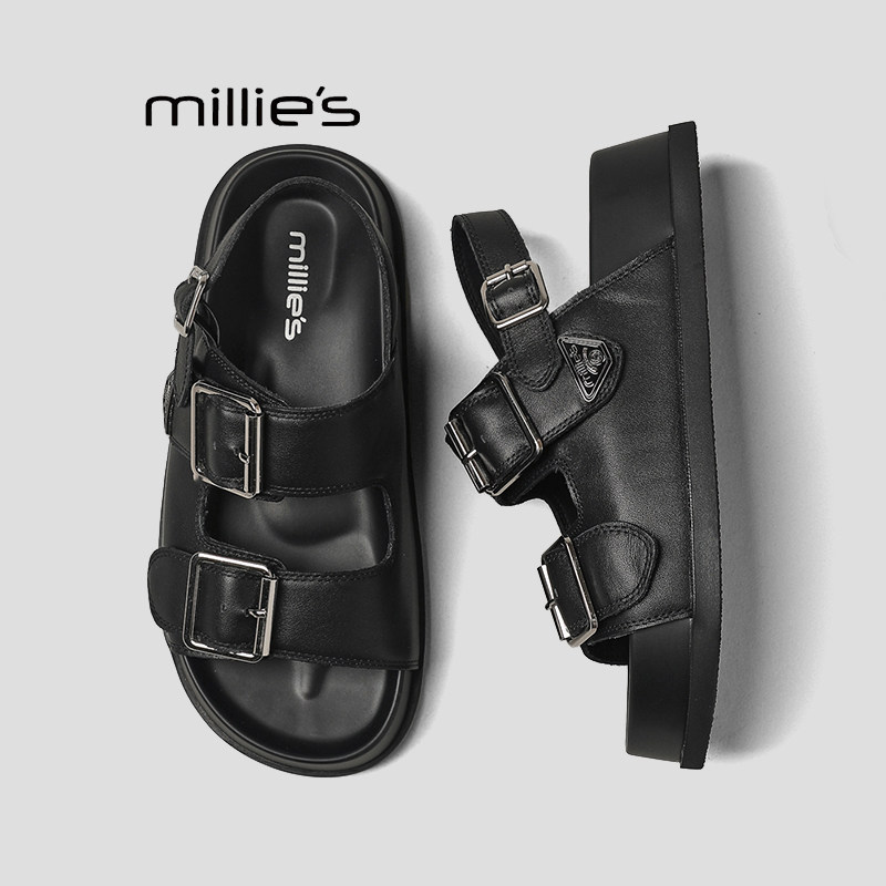 MILLIE'S/妙丽厚底真皮罗马凉鞋女夏季巨好看女增高漏趾沙滩凉鞋P
