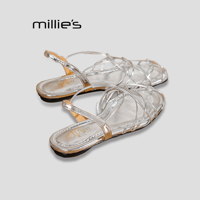 MILLIE'S/妙丽夏款圆头镂空交叉细带凉鞋女休闲后绊带包头罗马鞋P
