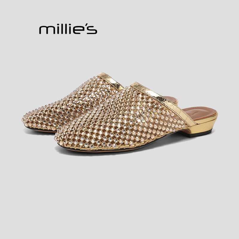 MILLIE'S/妙丽春季水钻包头半拖鞋女外穿低跟一脚蹬仙女风穆勒鞋P