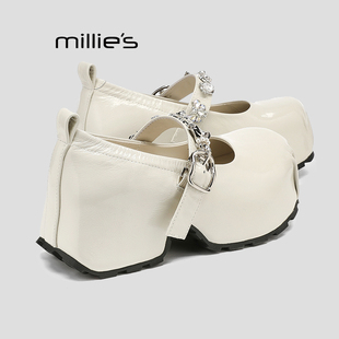 MILLIE'S/妙丽厚底真皮玛丽珍鞋水钻扣带增高小个子单鞋厚底女鞋Q