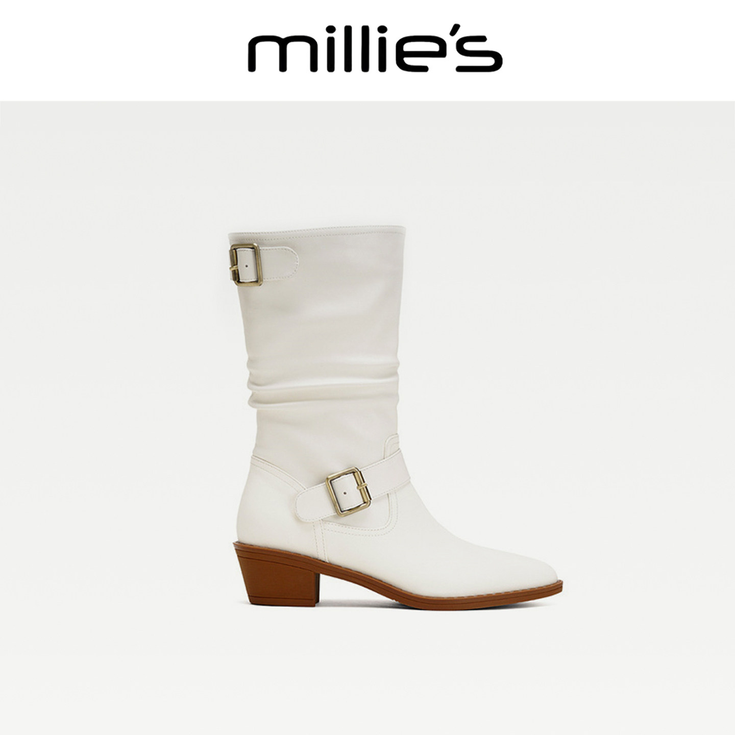 MILLIE'S/妙丽2025新款尖头粗跟马丁靴气质皮带扣中筒堆堆靴女CQ,女鞋,马丁靴,淘宝优惠券,粉丝福利购,淘宝优惠卷