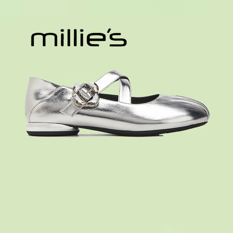 妙丽旗舰店银色玛丽珍单鞋2025春夏季新款真皮交叉绑带鞋小皮鞋