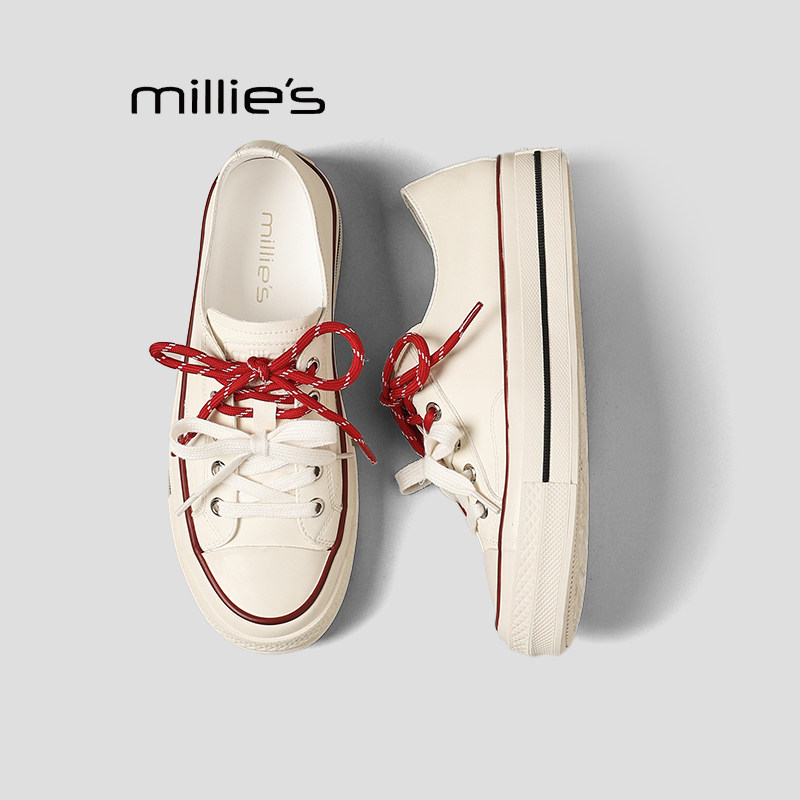 MILLIE'S/妙丽休闲风厚底帆布鞋女黑色低帮内增高松糕板鞋子女Q