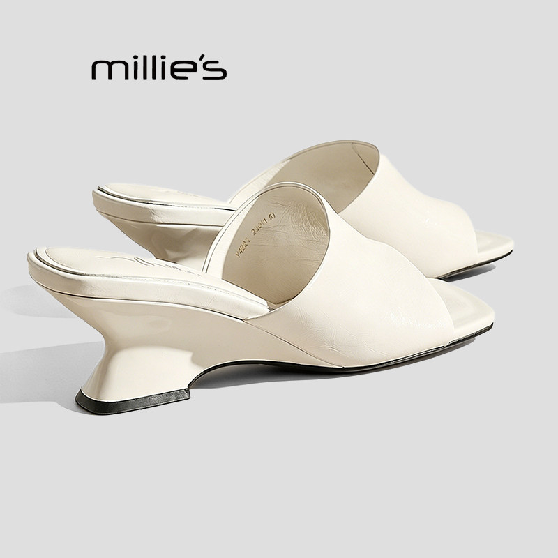 MILLIE'S/妙丽夏季新款巨好看坡跟露趾一字拖鞋外穿中跟凉拖
