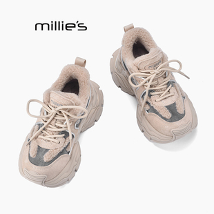 MILLIE'S/妙丽厚底老爹鞋女冬款加绒复古时尚增高鞋舒适百搭女鞋Q
