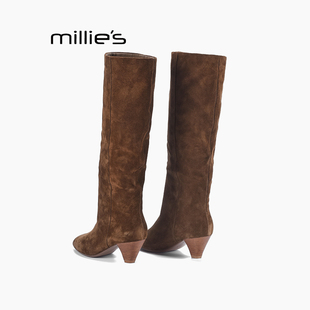 MILLIE'S/妙丽骑士靴女款冬季加绒靴子长筒靴真皮尖头堆堆靴长靴Q