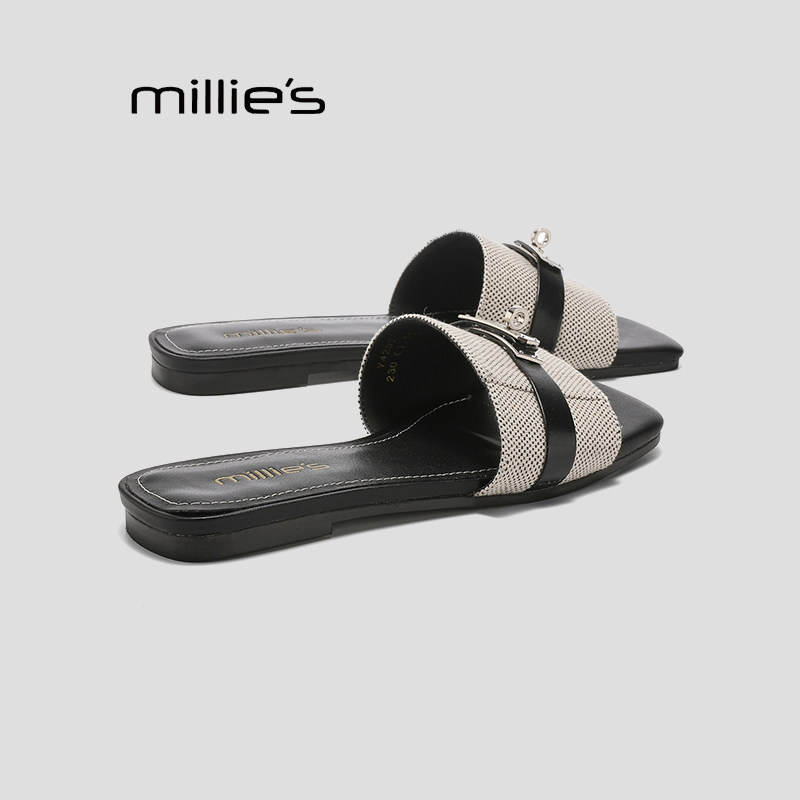 MILLIE'S/妙丽绝美方头锁扣一字拖女夏平底百搭外穿高级感凉拖鞋P