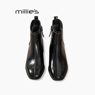 MILLIE 妙丽方头复古瘦瘦靴短靴女秋冬粗跟小踝靴切尔西马丁靴Z