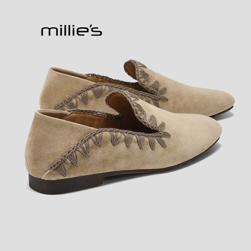 MILLIE'S/妙丽春季新款短根方头平底舒适一脚蹬编织毛线中口单鞋Q