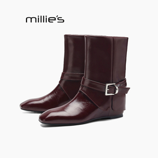 MILLIE 妙丽真皮中筒靴女英伦风酒红色皮带扣瘦瘦靴百搭Z