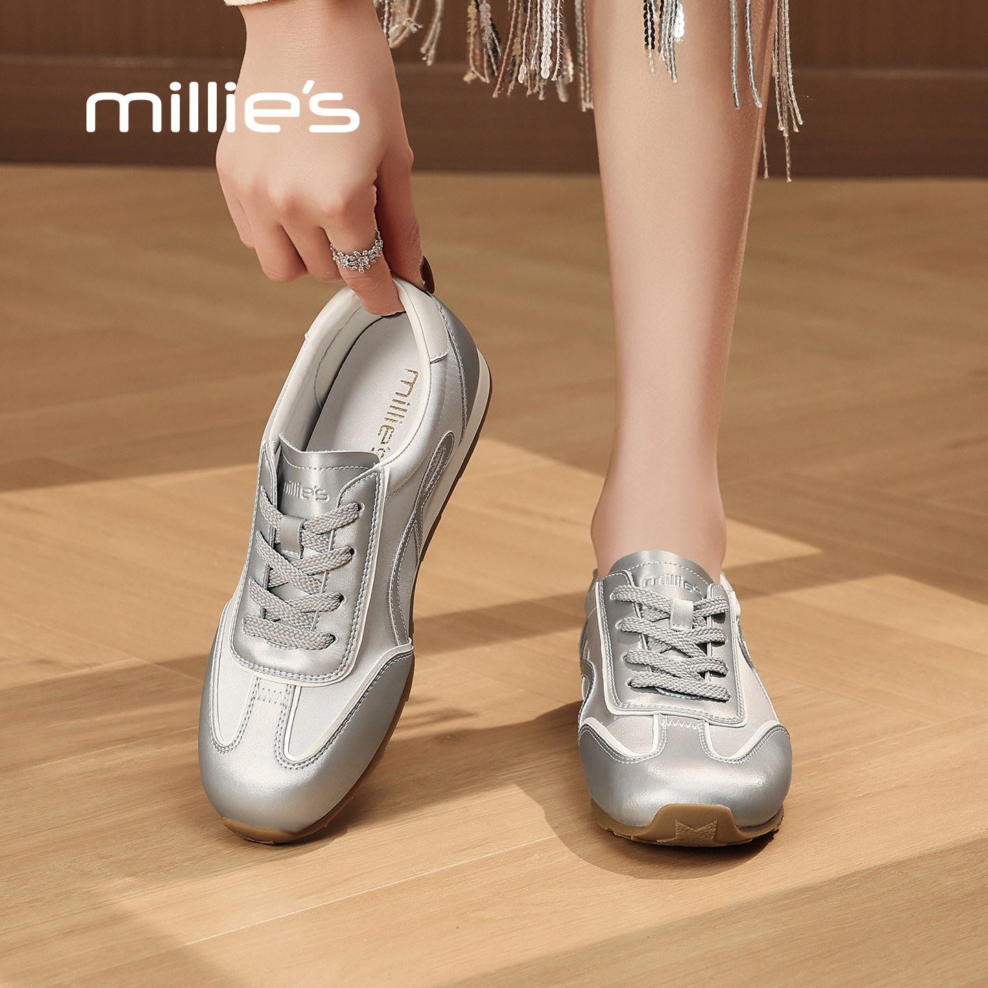 MILLIE'S/妙丽银色复古德训鞋女平底百搭系带休闲户外风运动鞋Q,女鞋,老爹鞋,淘宝优惠券,粉丝福利购,淘宝优惠卷