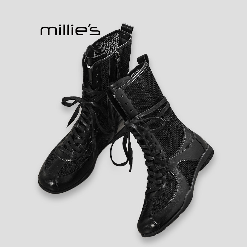 MILLIE'S/妙丽复古风巨好看马丁靴夏季女黑色系带短靴百搭瘦瘦靴P