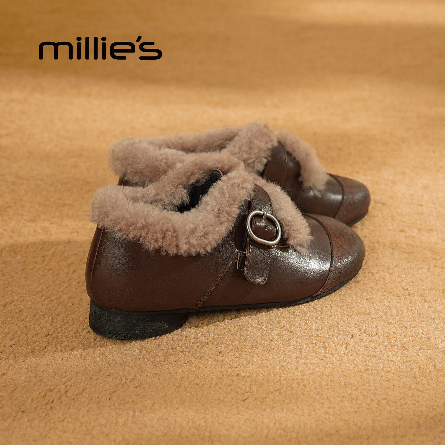 MILLIE'S/妙丽加绒休闲乐福鞋女冬季保暖皮带扣毛毛鞋加棉棉鞋Z,女鞋,老爹鞋,淘宝优惠券,粉丝福利购,淘宝优惠卷