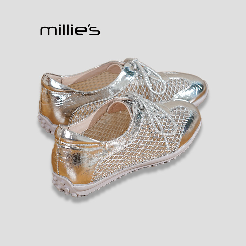 MILLIE'S/妙丽网面透气板鞋女款夏季镂空内增高休闲运动鞋P