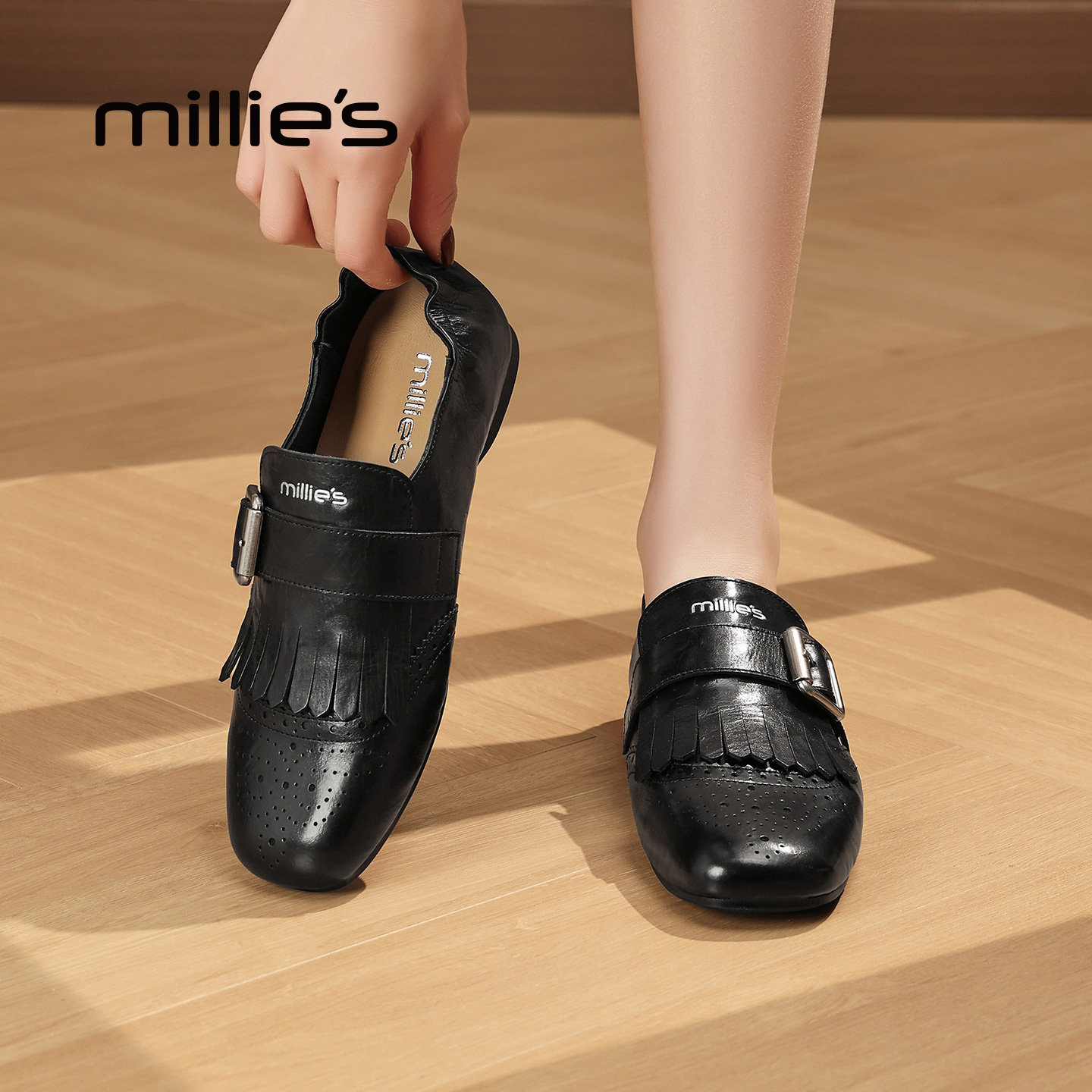 MILLIE'S/妙丽复古德训鞋女真皮流苏搭扣平底百搭轻便休闲鞋P