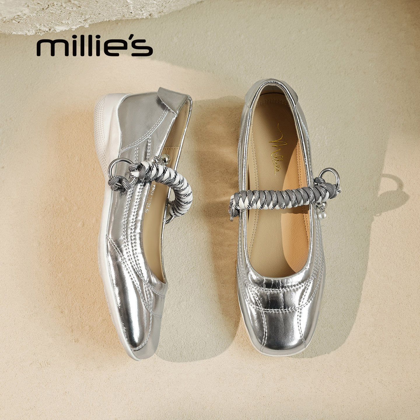 MILLIE'S/妙丽银色方头玛丽珍鞋女浅口一字带芭蕾舞鞋百搭单鞋Q,女鞋,时尚芭蕾鞋,淘宝优惠券,粉丝福利购,淘宝优惠卷
