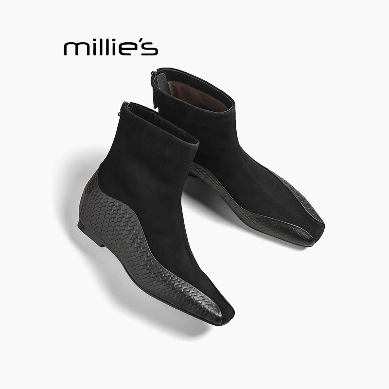 MILLIE'S/妙丽绒面拼接真皮短靴女2024内增高裸靴弹力瘦瘦靴黑色P