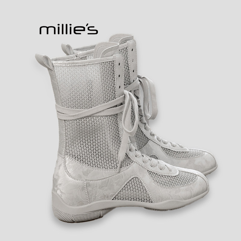 MILLIE'S/妙丽夏季透气网纱镂空凉靴高帮圆头中筒增高百搭休闲靴P