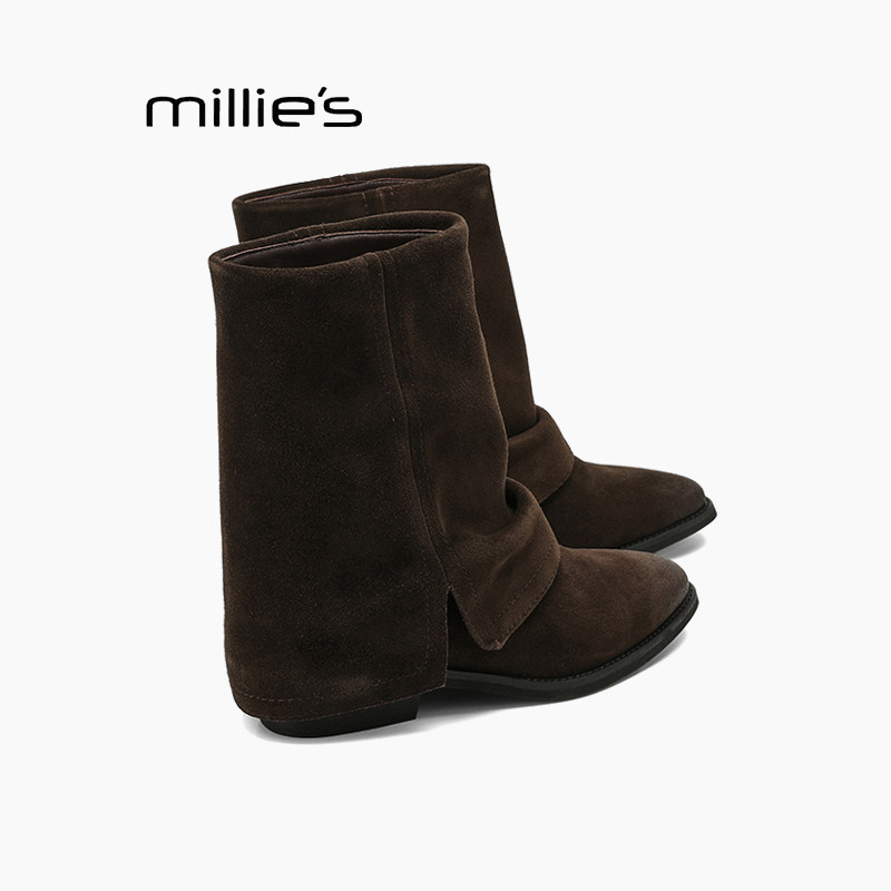 MILLIE'S/妙丽2026秋冬新款女靴绒面真皮方头中筒靴骑士靴马丁靴Q,女鞋,马丁靴,淘宝优惠券,粉丝福利购,淘宝优惠卷