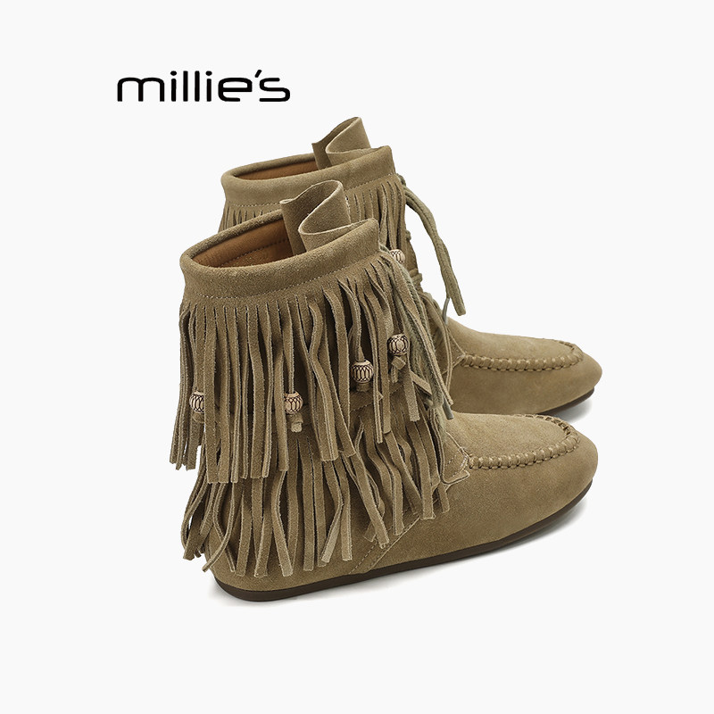 MILLIE'S/妙丽中筒靴真皮女靴2024秋冬新款平底复古牛反绒马丁靴Q,女鞋,马丁靴,淘宝优惠券,粉丝福利购,淘宝优惠卷