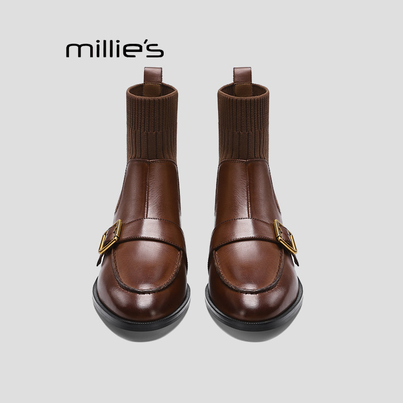 MILLIE'S/妙丽法式复古风低跟短靴女秋冬加绒拼接套筒袜靴瘦瘦靴Q,女鞋,切尔西靴,淘宝优惠券,粉丝福利购,淘宝优惠卷