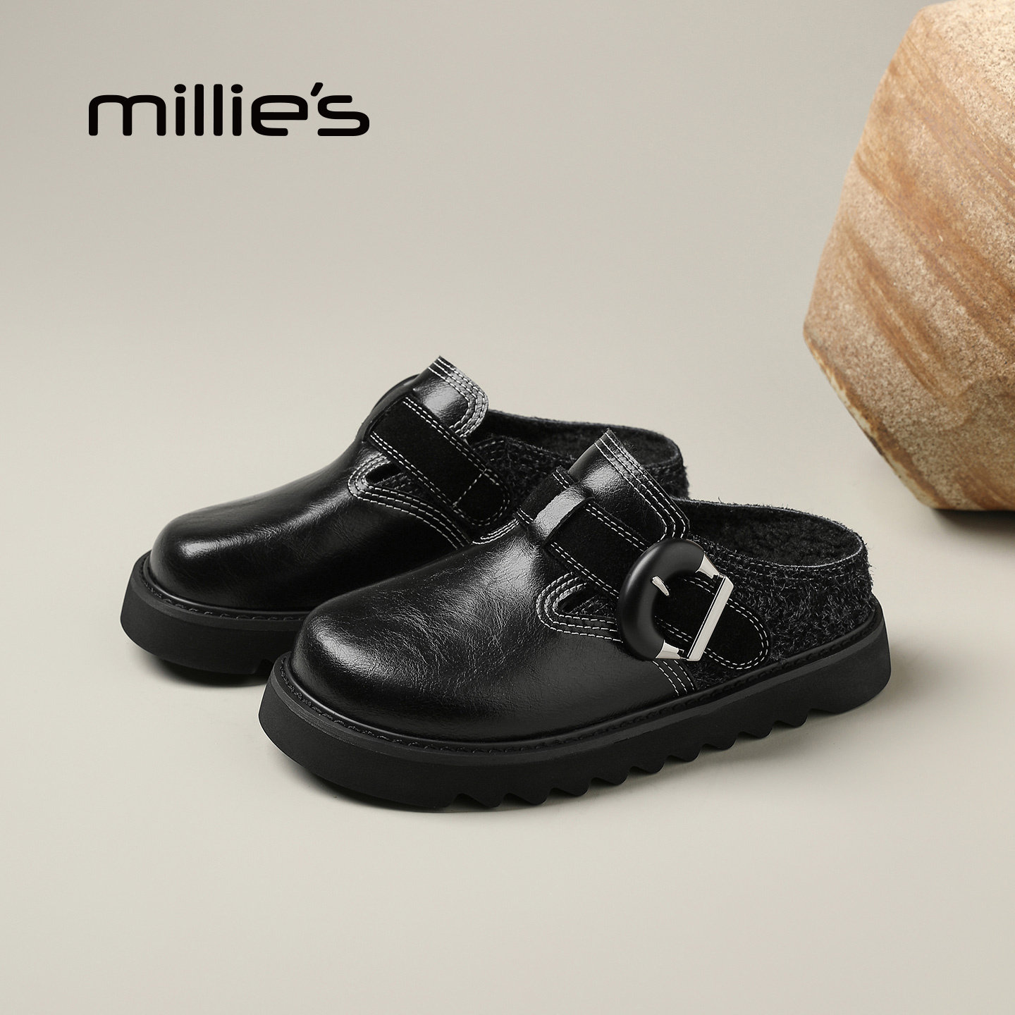 MILLIE'S/妙丽黑色厚底勃肯鞋女冬季加绒保暖魔术贴百搭一脚蹬Z